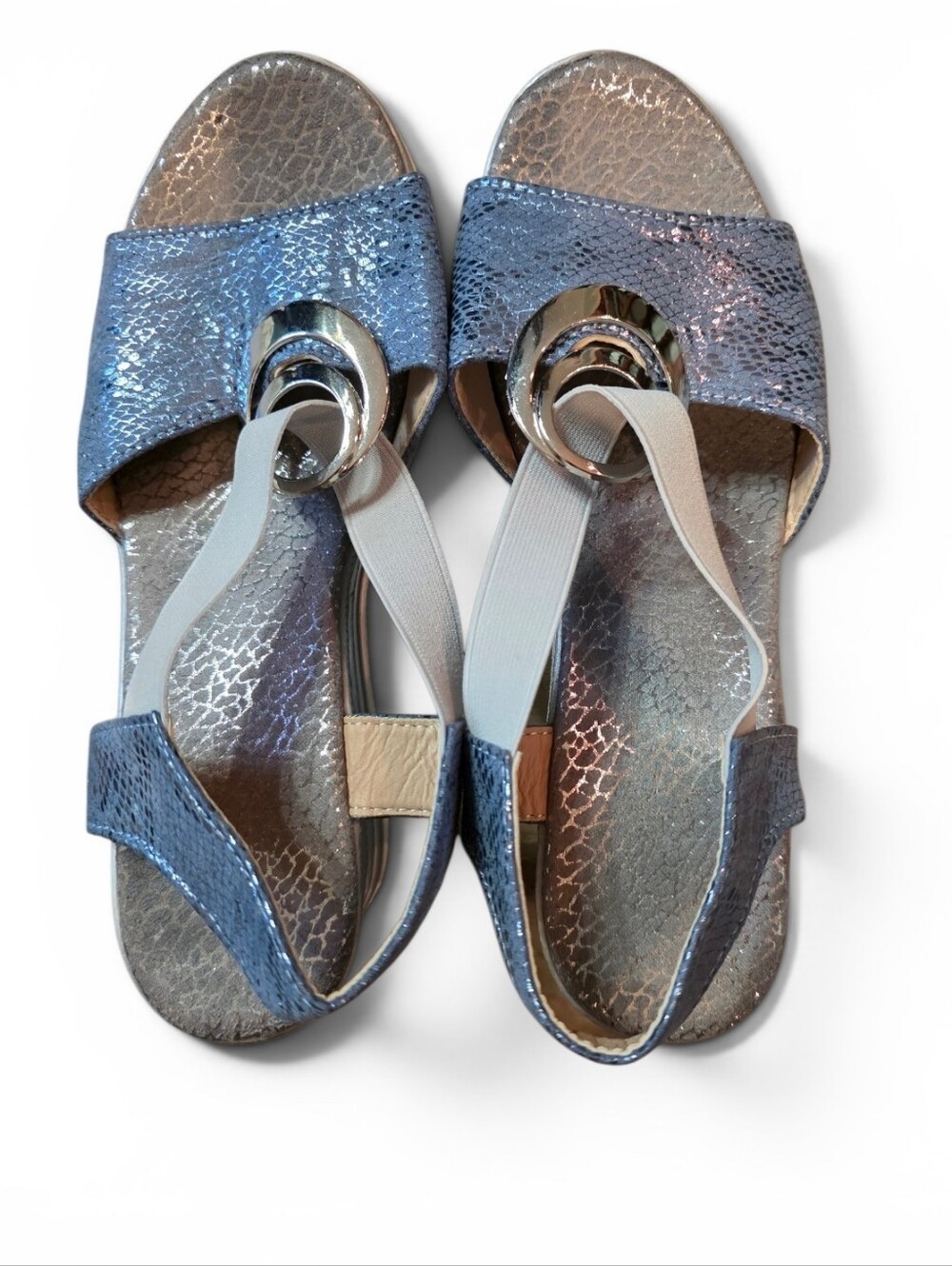 Blue Metallic Slingback Sandals with Silver Ring Accent